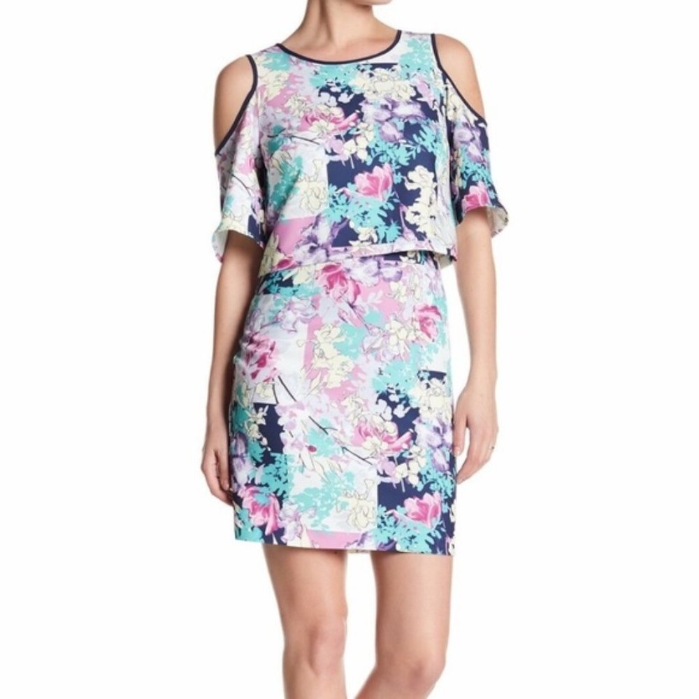 LAUNDRY MUTLI FLORAL COLD SHOULDER DRESS SIZE 14